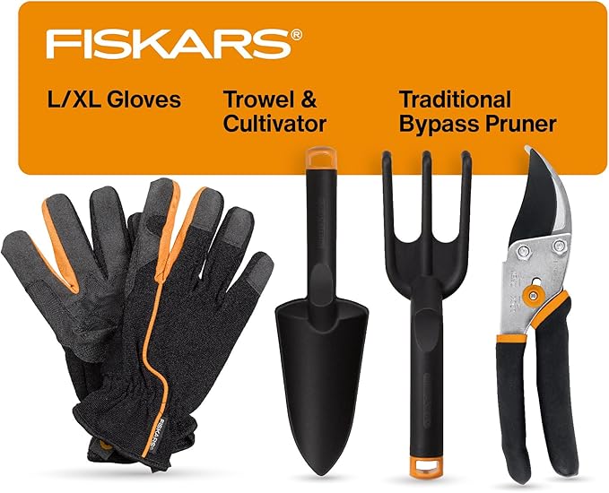 Fiskars Potting 4-Piece Essentials Set, Bypass Pruner, Trowel, Cultivator & L/XL Gloves for Indoor Gardening, Precision-Ground Steel Blades with Self-Cleaning Sap Groove, Rust-Proof FiberComp