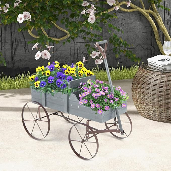 Wooden Wagon Planter, Decorative Garden Wheelbarrow Planter with 2 Planting Sections, Rolling Wheels, Adjustable Handle, Small Wagon Cart Planter Stand for Flowers Vegetables Herbs (Grey)