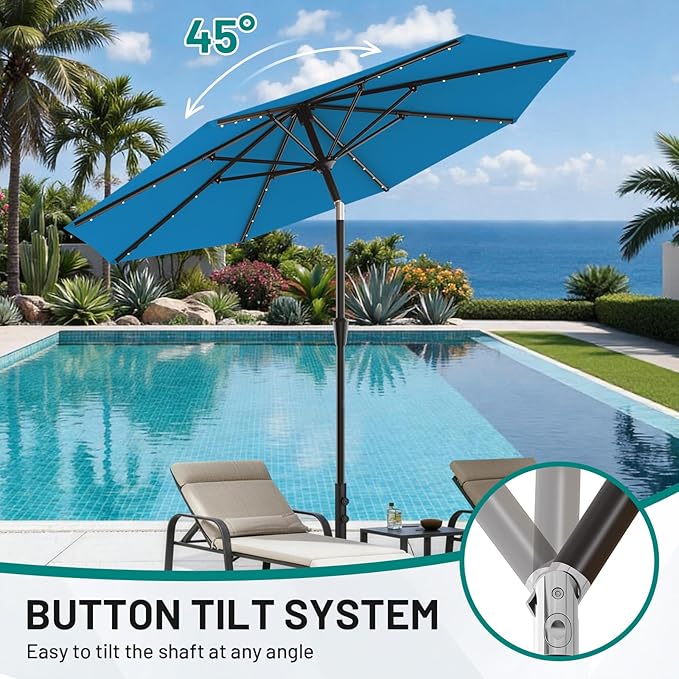 AreShark 9FT Patio Umbrella with Solar Lights, 32 LED Lighted Pool Umbrella w/Tilt and Crank, Outdoor Market Solar Umbrellas for Garden, Deck, Backyard, Pool and Beach, Royal Blue