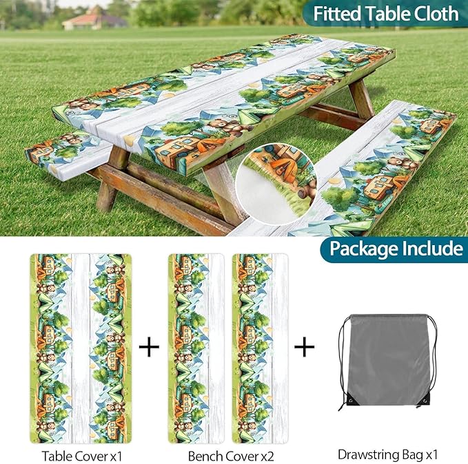 3PCS Picnic Table Cover with Bench Cover Wooden Forest Bear Camping Tablecloth Fitted Picnic Table Cover with Elastic Windproof Waterproof, Outdoor & Garden Camping Accessoriess 60IN