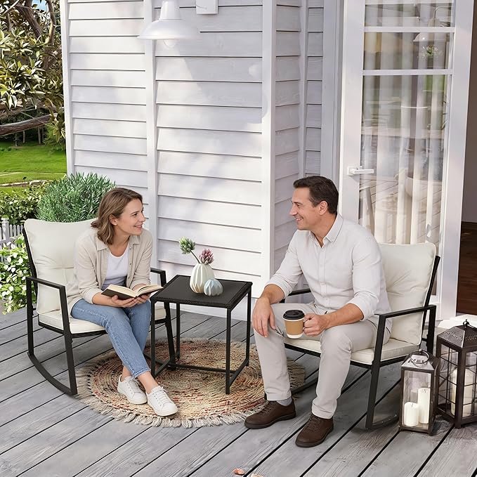 SUNCROWN 3 Piece Outdoor Rocking Bistro Set Black Wicker Furniture Porch Chairs Conversation Sets with Glass Coffee Table, Beige