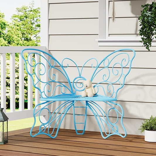 36 Inch Outdoor Bench, Cute Garden Bench with Metal Frame, Weatherproof Butterfly Front Porch Benches for Lawn, Garden, Yard, Balcony, Blue