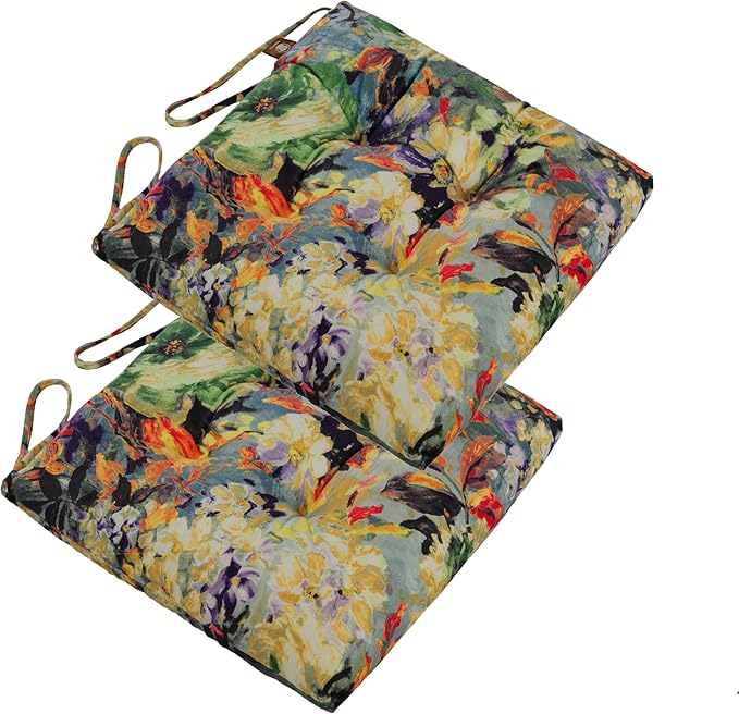 2-Pack Outdoor/Indoor Wicker Patio Seat Cushion Pad with Ties - Dining Chair Cushion, 17" x 17" (Oil Painting)