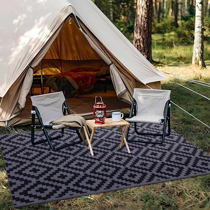 OLANLY Waterproof Outdoor Rug 5x8 ft, Outdoor Plastic Straw Rug for Camping, RV Mat Outside, Indoor Outdoor Carpet for Porch, Deck, Backyard, Balcony, Picnic, Black & Grey