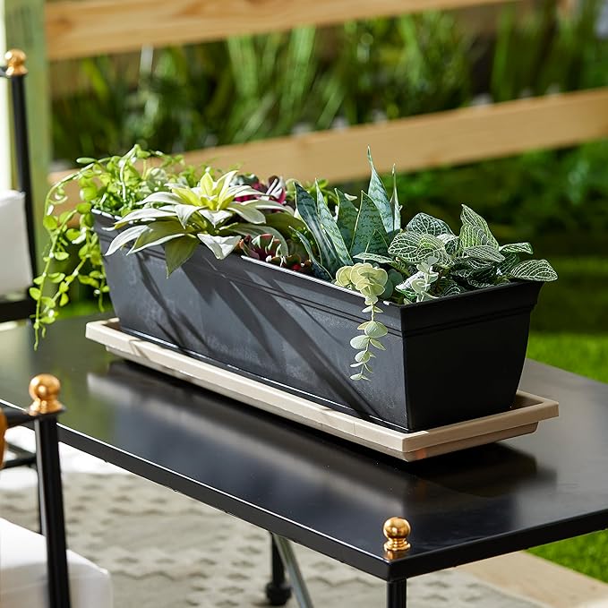 The HC Companies Venetian Rectangular Plant Tray - Lightweight Plastic Plant Saucer - Plant Drip Trays for Drainage -UV Resistant Pot Saucer for Indoor & Outdoor Use (23.5" Sandstone, Pack of 1)