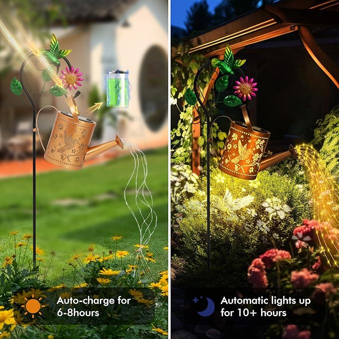 Gifts for Women Mom, Outdoor Hanging Solar Lantern Waterproof Metal Openwork Hummingbird Watering Can Landscape Lights with Shepherd Hook for Porch Lawn Driveway Backyard Pathway