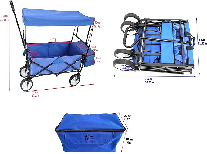 Garden Shopping Beach Cart Folding Wagon with Umbrella Accessories Package for Camping Wagon Camping Outdoor Picnic Beach Blue One Size