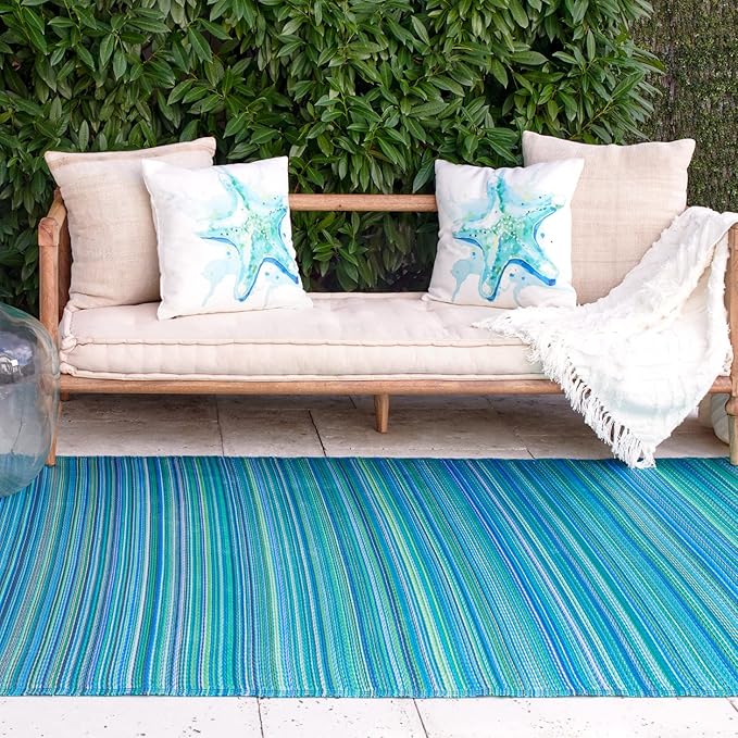 Fab Habitat Outdoor Rug - Waterproof, Fade Resistant, Crease-Free - Premium Recycled Plastic - Striped - Large Patio, Deck, Sunroom, Camping, RV - Cancun - Turquoise & Moss Green - 8 x 8 ft