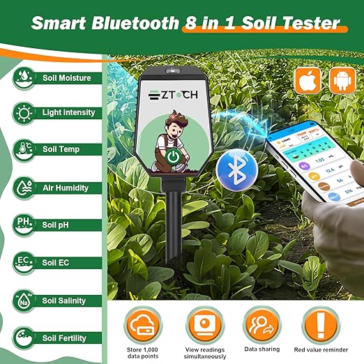 Bluetooth Soil pH EC Tester, Smart Plant pH Fertility Meter, 8 in 1 pH EC Fertility Temp Salt Moisture Light Intensity Air Humidity Monitor for Blueberry, Garden, Lawn, Raised Garden Beds