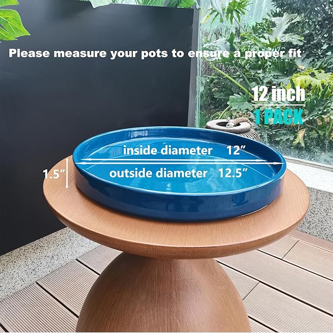 Blue Ceramic Pot Saucer - Drainage Tray for Indoor and Outdoor Flower Plant Pots and Planters, 12 Inch