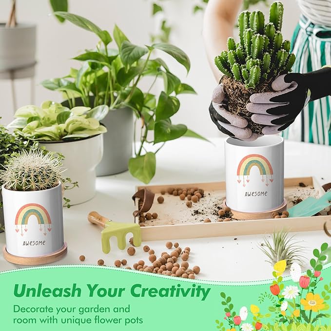 6 Pcs Sublimation Flower Pot Blanks Mini 3.2 in Garden Ceramic Succulent Planter Pot with Bamboo Tray with Drainage Hole Thank You Gifts for Employee Appreciation Plant Lover
