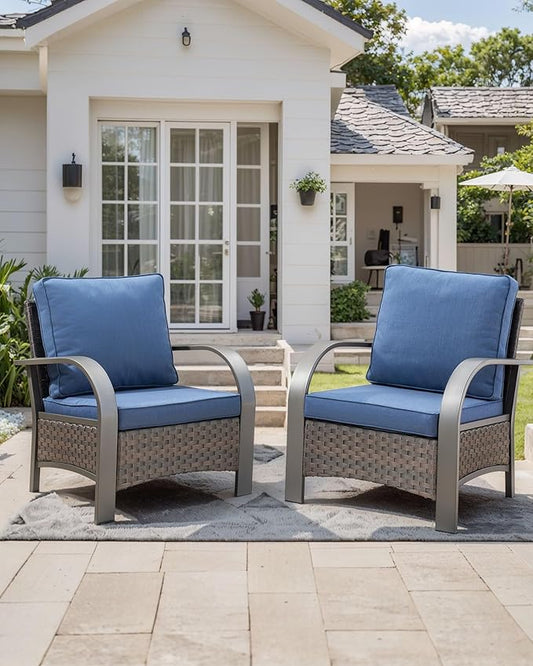HUMMUH Outdoor Wicker Patio Chairs Set of 2-High Back Patio Dining Chairs Outdoor Patio Chairs for Deck Porch Lawn Garden Backyard-Brown/Blue