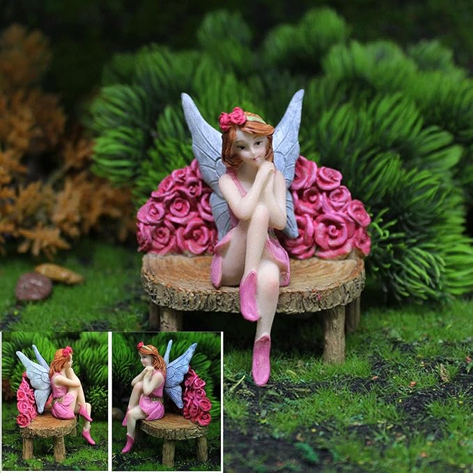 Miniature Fairy Garden Figurines Set, 3 Piece with Rose Bench, Fairy Garden Decor Accessories, Gifts for Girls, Desk Decor or Dashboard Ornaments