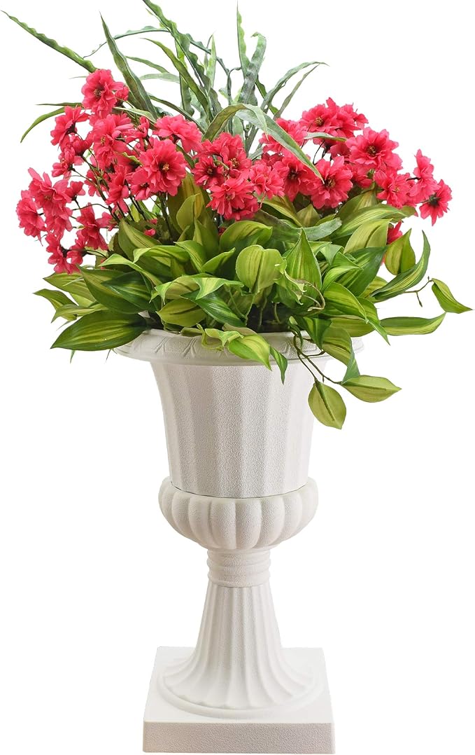 Arcadia Garden Products Plastic Garden Pedestal Urn, Set of 2 Classic Decorative Garden Pot Planter for Indoor and Outdoor Plants, 10” x 17”, White
