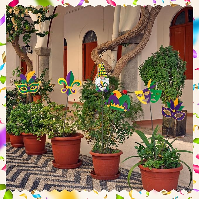Pickmesh 6 Pcs 12" H Mardi Gras Metal Yard Sign Metal Yard Sign Barn Garden Stake for Mardi Gras Planter Pot Walkway Pathway Outdoor Decor Lawn Decoration