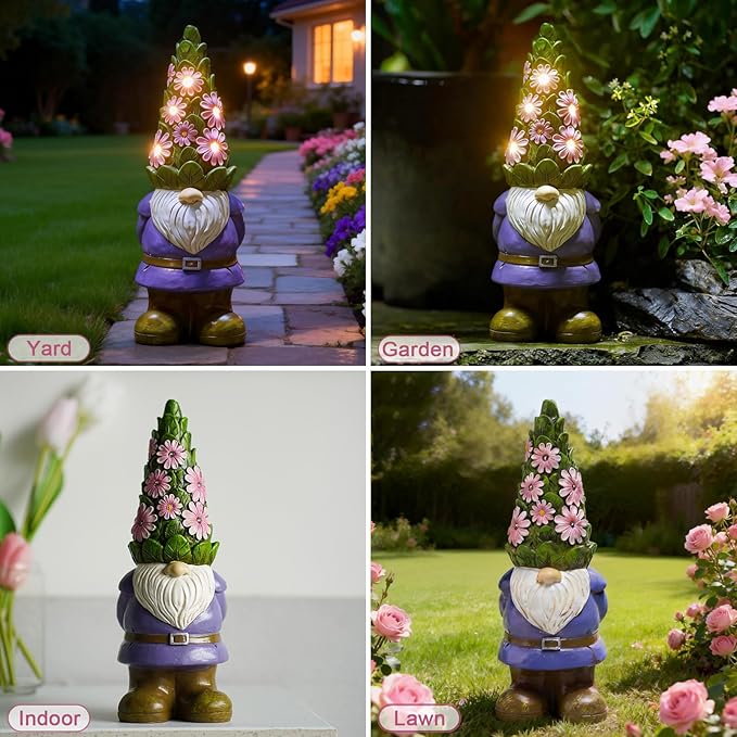 Nacome Solar Garden Outdoor Statues Gnome with Succulent and 7 LED Lights - Lawn Decor for Patio, Balcony, Yard Ornament - Chrismtas Gifts for Mom Grandma