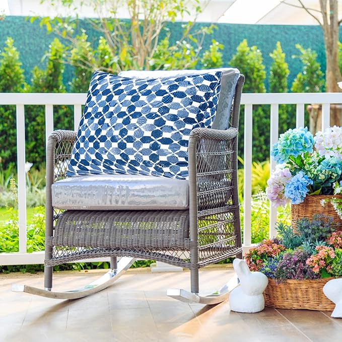 JMGBird Waterproof Outdoor Pillows Set of 2, 18x18 inch Weather Resistant White with Diamond Blue Petal Pattern Throw Pillows with Inserts for Patio Furniture