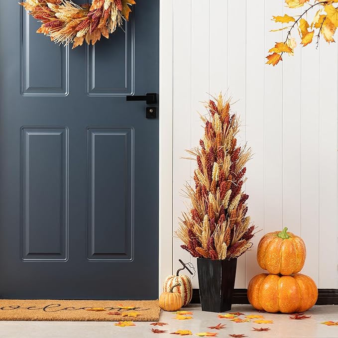 Glitzhome 2 PCS 38”H Fall Porch Tree, Artificial Sorghum Porch Tree Harvest Decoration with Black Planter, Indoor/Outdoor Seasonal Decor for Porch, Garden, Entryway