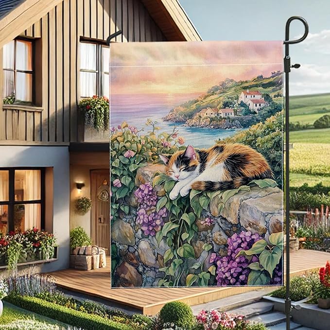 Spring Summer Cat Garden Flag, Calico Cat Relaxing Floral Home Decor Garden Banner, Double Sided Polyester Yard Flag Outdoor Lawn Decoration 12x18 Inch