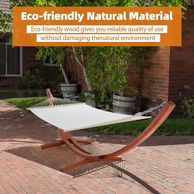 ECOTOUGE 12 FT Hammock with Stand for Outside, Single Person Heavy Duty Wooden Hammock Stand, Large Hammock Bed for Porch, Patio, Balcony, Garden, Backyard, White-Yellow