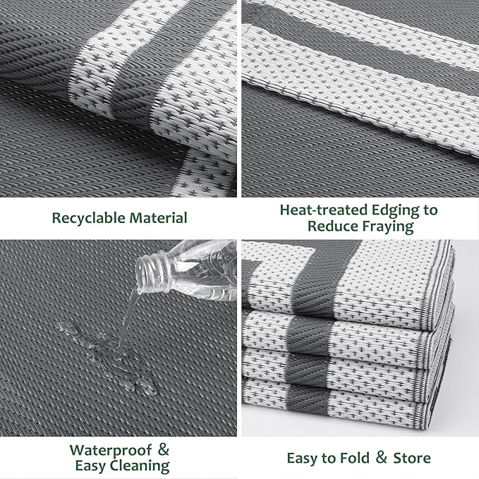 HappyTrends,Outdoor Rug,Patio Rug,Reversible Portable Plastic Straw Rug,Camping Rugs for Outside RV,Large Waterproof Area Rugs for Patio,Deck,Picnic,Porch,Balcony(6'x 9',White&Gray)