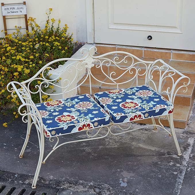 JMGBird Outdoor Chair Cushions Set of 2 - Waterproof Patio Seat Cushions 19x19 Inch with Ties, Blue Flower Floral Pattern High Density Foam Square Cushions for Garden Furniture