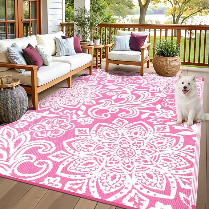 Findosom Waterproof Outdoor Rug 6' x 9' - Reversible Mandala Outdoor Plastic Straw Rug, Durable Foldable Patio Rug for RV, Deck, Balcony, Backyard, Picnic, Porch, Camping, Beach, Pink