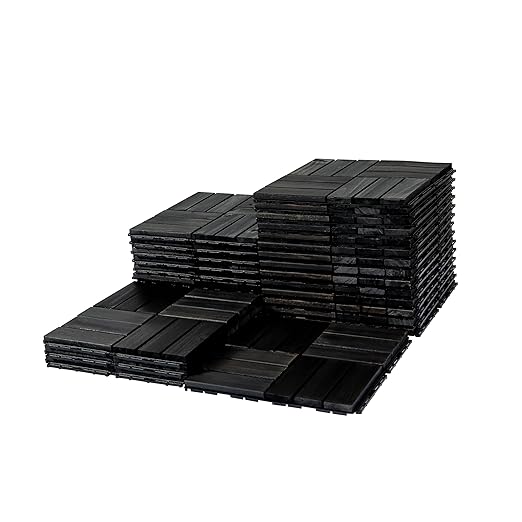 Acacia Wood Patio Deck Tiles - 27 Pcs 12 Slats Interlocking Decking Tiles for Patio Decor, Waterproof Indoor & Outdoor Use, Garden Decking Tile (12.2 x 12.2 x 0.7) - Black
