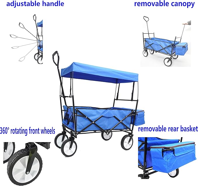 Garden Shopping Beach Cart Folding Wagon with Umbrella Accessories Package for Camping Wagon Camping Outdoor Picnic Beach Blue One Size