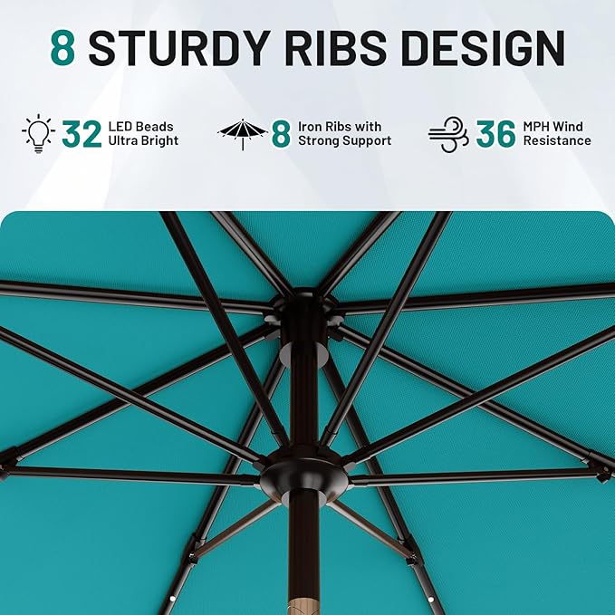 AreShark 9FT Patio Umbrella with Solar Lights, 32 LED Lighted Pool Umbrella w/Tilt and Crank, Outdoor Market Solar Umbrellas for Garden, Deck, Backyard, Pool and Beach, Lake Blue