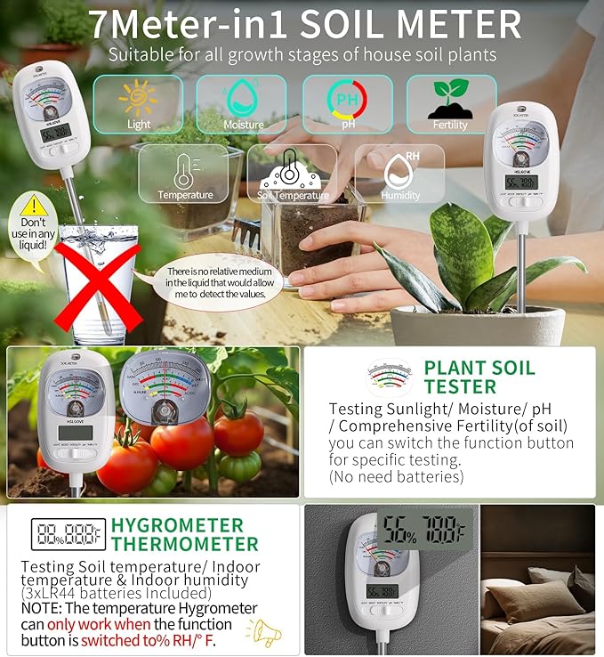 HSLGOVE Soil Test Kit, 7-in-One Soil Moisture Meter/Soil PH Meter/Fertility, Dual Screen Soil Tester w/Digital Soil Temp/Air Temp&Humidity for Plants Gardening,Lawn,Farm Indoor&Outdoor-Ice White