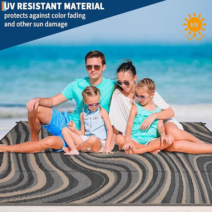 Outdoor Rug 8x10 Waterproof Patio Rugs Modern Abstarct Reversible Mat for Front Door Rv Foldable Plastic Straw Carpet for Travel Trailers, Deck, Camper, Balcony, Beach，Black/Gray/Brown