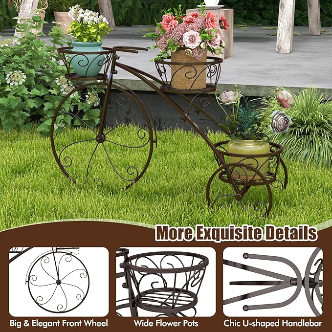 Giantex Metal Bicycle Planter, 3 Tier Tricycle Flower Plant Stand w/ 3 Decorative Wheels, Parisian Style Flower Display Stand Cart for Home Decor Patio Garden Flower Shop Indoor Outdoor (Bronze)