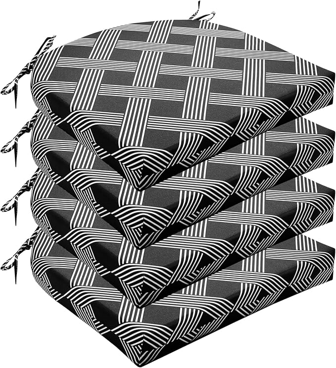 Wellsin Outdoor Chair Cushions for Patio Furniture - Patio Chair Cushions Set of 4 - Water Resistant Round Corner Outdoor Seat Cushions 17"X16"X2", Black Geometry