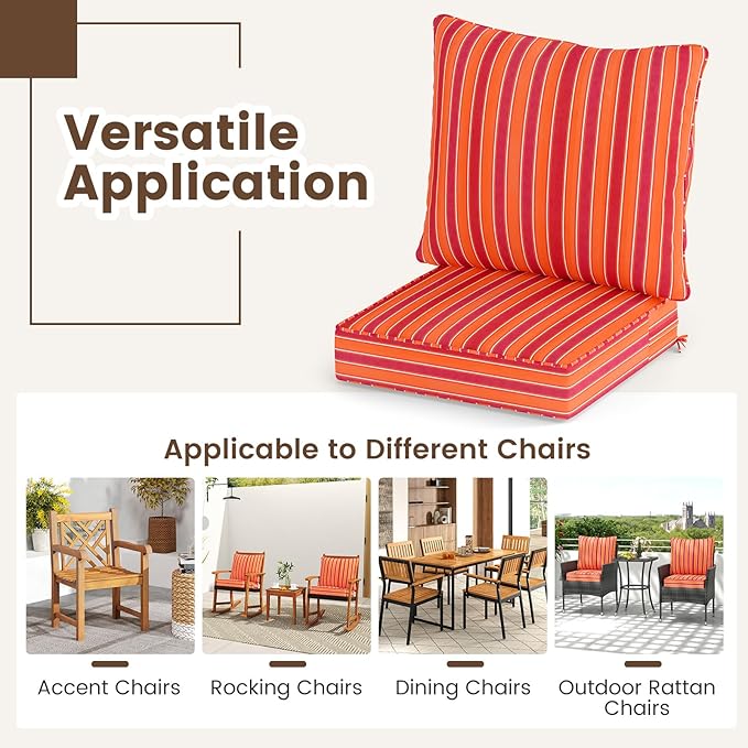 Giantex Patio Cushion Set, Outdoor Chair Seat Pads w/Non-Slip Rope Belts, Detachable Patio Furniture Cushions, Thick Seat Cushion & Back Cushion for Living Room Floor Sofa Patio Garden Chair (Orange)