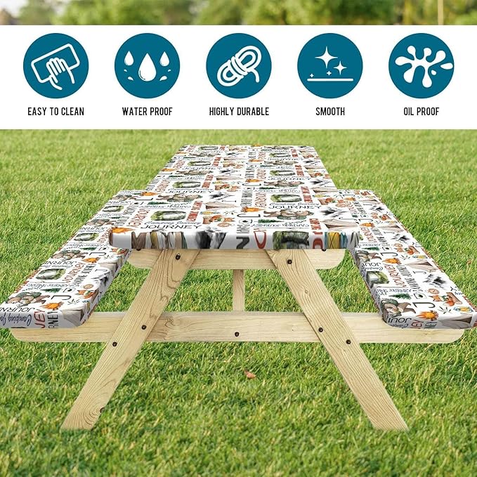 3PCS Picnic Table Cover with Bench Cover Adventure Bear Fox Forest Pattern Happy Camping Tablecloth Fitted Picnic Picnic Table Cover with Elastic Windproof Waterproof, Outdoor Camping Accessories 96IN