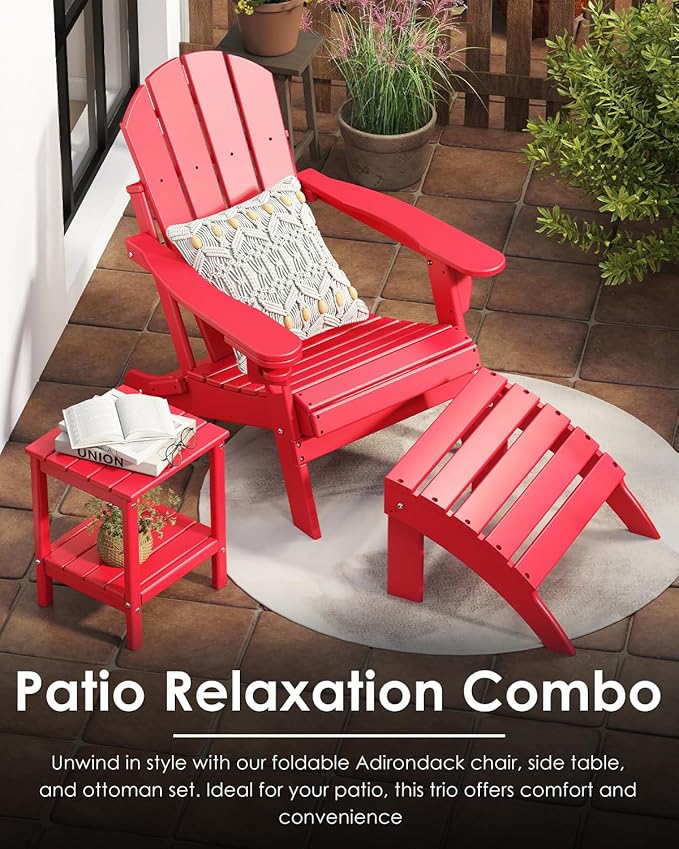 GREENVINES Folding-Adirondack-Chair | HDPE Plastic | Fire Pit Chairs | All Weather | Cup Holder | Red | for Deck Backyard Patio Outdoor Garden