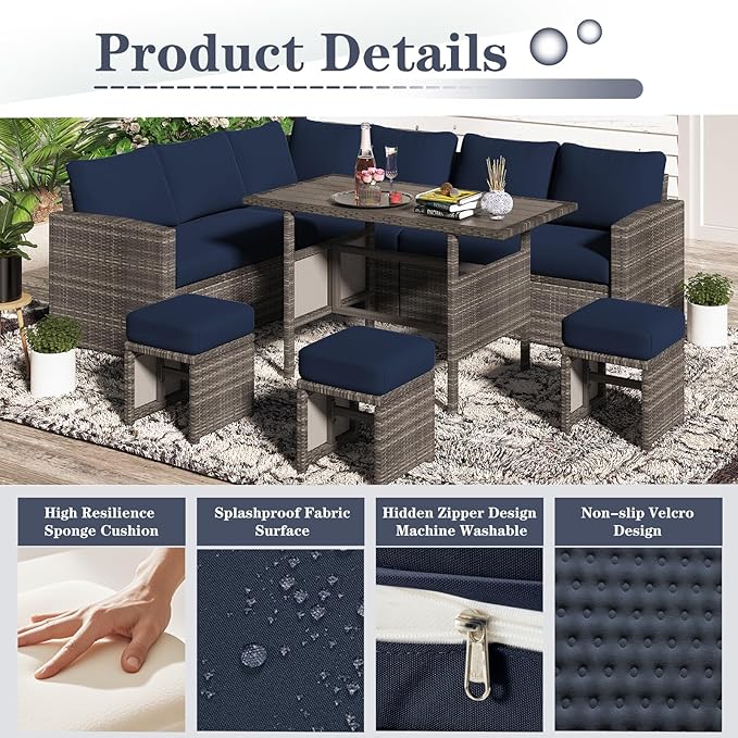 U-MAX Outdoor Cushions, 4 inch Memory Foam Patio Replacement for Outdoor Furniture, Fits 7-Seats Sectional Rattan Conversation Set, Splashproof Covers (Navy)