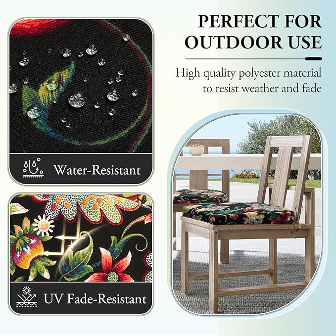 Wellsin Outdoor Chair Cushions for Patio Furniture - Patio Chair Cushions Set of 2 - Water Resistant Round Corner Outdoor Seat Cushions 17"X16"X2", Flower Black