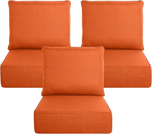 Belord Luxury 6" Thick Outdoor Cushion 3 Set - 22 x24 Inch 28D Sponge Filling Fade-Resistant Chair Cushion, Spill Proof Removable Patio Furniture Replacement Cushion for Sofa Bench Swing - Orange