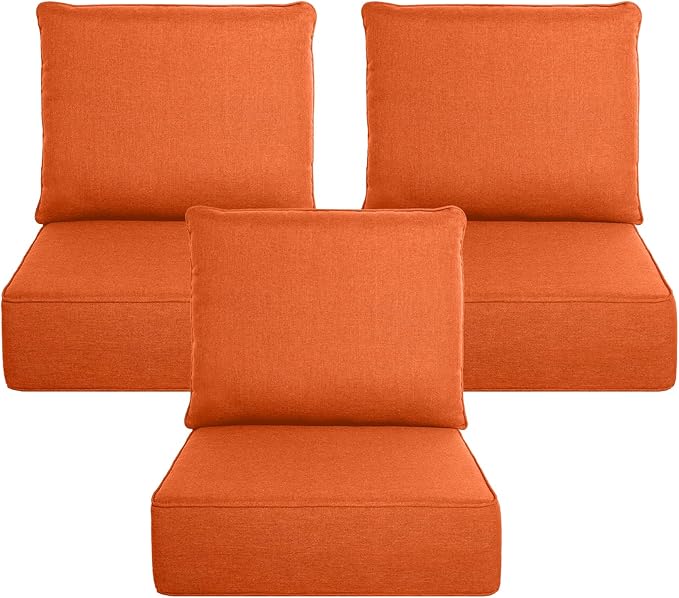 Belord Luxury 6" Thick Outdoor Cushion 3 Set - 24 x24 Inch 28D Sponge Filling Fade-Resistant Chair Cushion, Spill Proof Removable Patio Furniture Replacement Cushion for Sofa Bench Swing - Orange