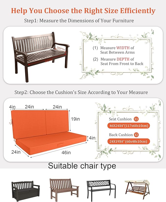 46 x 24 Outdoor Loveseat Cushion Set, 3 Piece Seat Cushions for Patio Furniture,Fade Resistant,Water Repellent, Outdoor Cushion Set for Wicker Couch,Bench,Swing,Orange