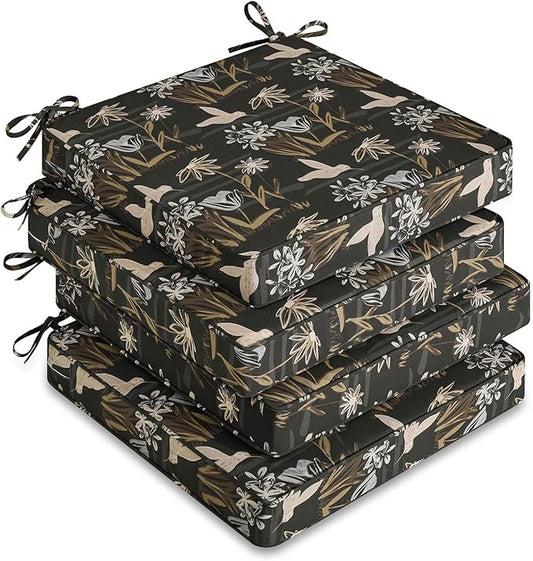 downluxe Outdoor Chair Cushions Set of 4, Waterproof 19" x 19" x 3" Patio Chair Cushion with Non-Slip Ties & Handle, Square Outdoor Cushion for Patio Furniture with Removable Cover, Night Bird