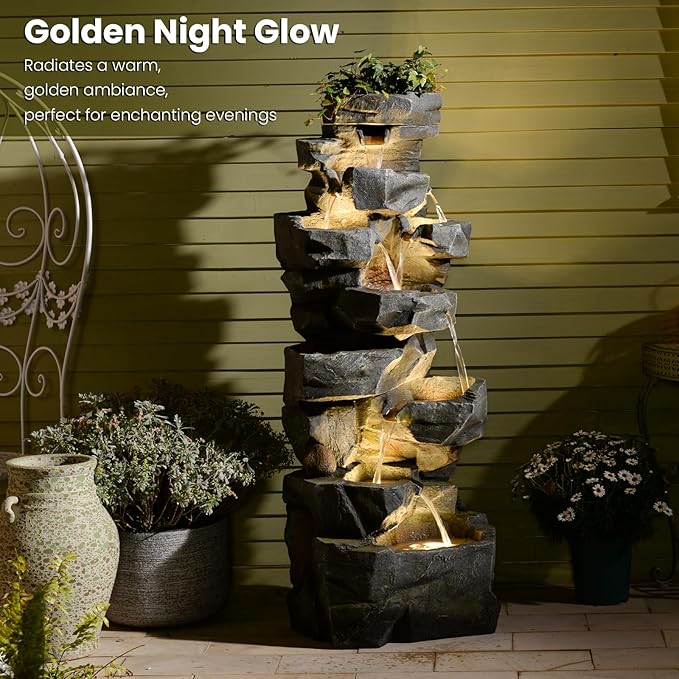 58Inch Outdoor Garden Water Fountain 6 Tiers Large Cascading Rock Natural Waterfall Outdoor Fountain with LED Lights for Patio Porch Backyard Home Art Decor