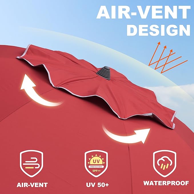 AMMSUN 7ft Heavy Duty High Wind Beach Umbrella Parasols with sand anchor Vent Tilt Sun Shelter, UV 50+ Protection Portable Outdoor Sunshade Umbrellas Carry Bag for Patio Garden Pool Backyard Red