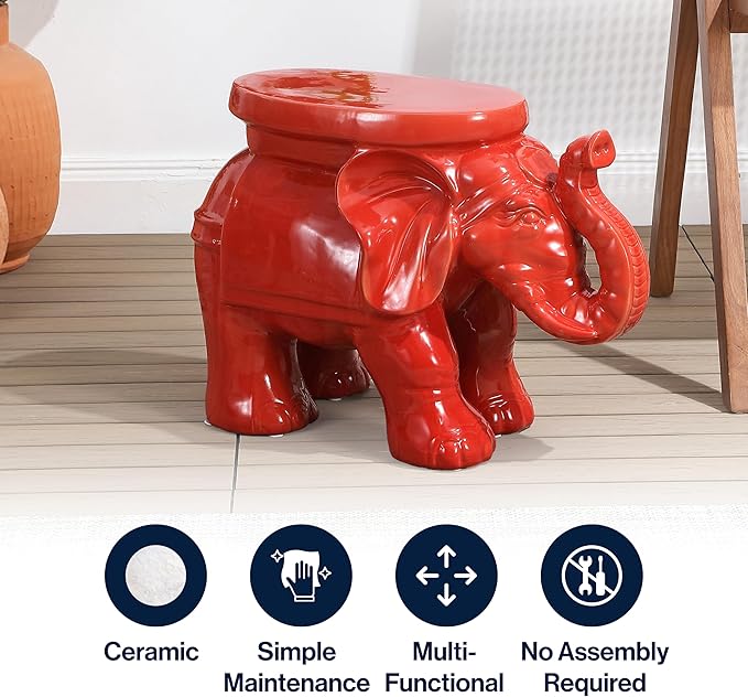 JONATHAN Y TBL1007B White Elephant 14.25" Ceramic Indoor/Outdoor Garden Stool Coastal, Contemporary, Transitional, Living Room, Bathroom, Garden Room, Patio, Red