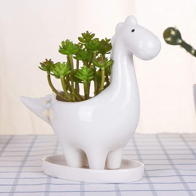 VanEnjoy Desktop Cute Cartoon Herbivorous Dinosaur White Ceramic Succulent Pot with Tray, Bonsai Cactus Flower Pot Vase Holder Decorative Organizer