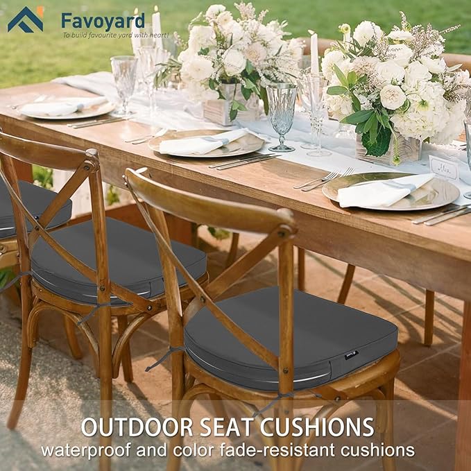 Favoyard Outdoor Chair Cushions 19"x19"x2" Set of 4 Waterproof Seat Cushion for Patio Furniture with 3-Year Fade Resistant Removable Cover Attach Straps Hidden Zipper Round Corner for Yard Garden