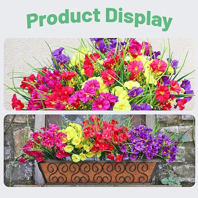 16PCS Artificial Fake Outdoor Flowers Plants, Faux Silk Realistic Morning Glory Floral Arrangement Planter UV Resistant for Porch Patio Window Box Balcony Garden Decor (Wheat Ears 4 Colors)