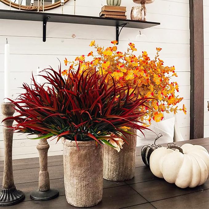 Artificial Fall Flowers Faux Mums, Autumn Outdoor Indoor Decor, Fake Daisy Plants with Eucalyptus Leaves Grass, Orange Flowers UV Resistant Greenery for Porch Patio Boxwood Home Garden, 12PCS